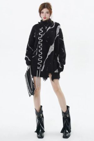 Grunge Fluffy Lace Up Sweater