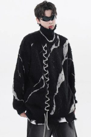 Grunge Fluffy Lace Up Sweater