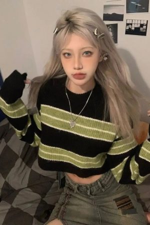 Grunge Green Striped Crop Sweater