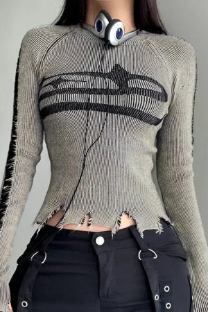Grunge Long Sleeve Distressed Top