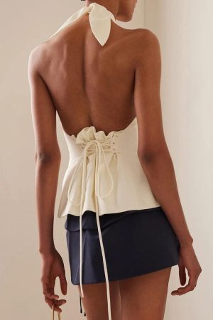 Halter Neck Lace Up Ruched Top
