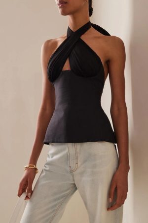 Halter Neck Lace Up Ruched Top