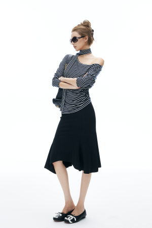 IAMXIAA Asymmetric Hem Midi Skirt Feminine Slim Fit Flared Design