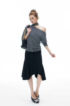 IAMXIAA Asymmetric Hem Midi Skirt Feminine Slim Fit Flared Design
