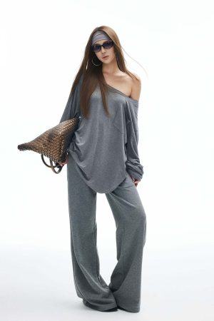 IAMXIAA Asymmetric Strap Slouchy Long Sleeve Top Casual Streetwear Pocket Tee