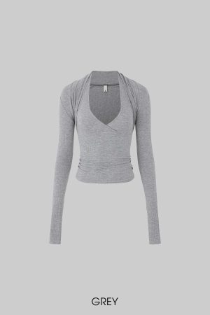 IAMXIAA Cut Out Halter Long Sleeve Shrug Top Ribbed Knit Slim Fit
