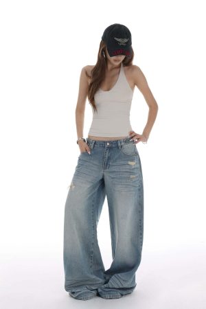 IAMXIAA Distressed Baggy Denim Jeans Low Waist Wide Leg Street Style Vintage Wash
