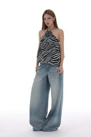 IAMXIAA Distressed Baggy Denim Jeans Low Waist Wide Leg Street Style Vintage Wash