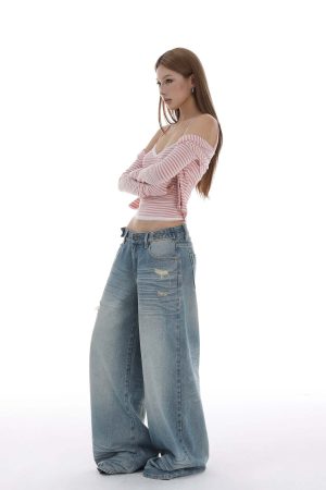 IAMXIAA Distressed Baggy Denim Jeans Low Waist Wide Leg Street Style Vintage Wash