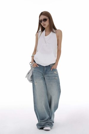 IAMXIAA Distressed Baggy Denim Jeans Low Waist Wide Leg Street Style Vintage Wash