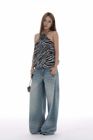 IAMXIAA Distressed Baggy Denim Jeans Low Waist Wide Leg Street Style Vintage Wash