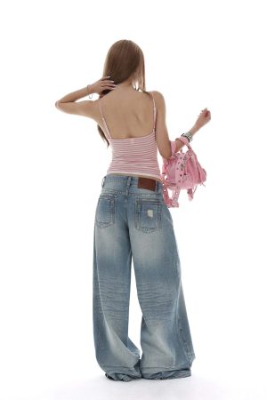 IAMXIAA Distressed Baggy Denim Jeans Low Waist Wide Leg Street Style Vintage Wash