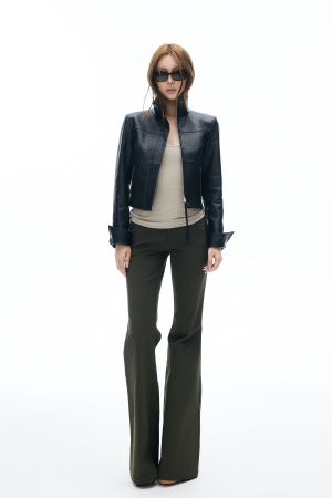 IAMXIAA Flared Casual Pants with Double Button Waist in Olive Green