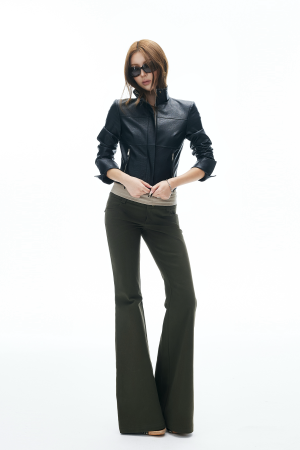 IAMXIAA Flared Casual Pants with Double Button Waist in Olive Green