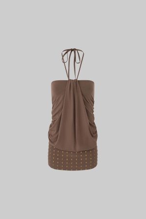 IAMXIAA Halter Mini Dress with Drape Detail and Studded Hem