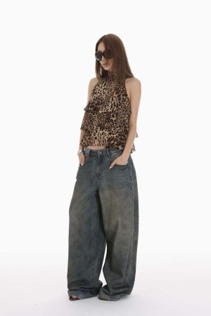 IAMXIAA Leopard Print Ruffle Tank Top Halter Neck Sheer Layered Vest