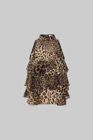 IAMXIAA Leopard Print Ruffle Tank Top Halter Neck Sheer Layered Vest