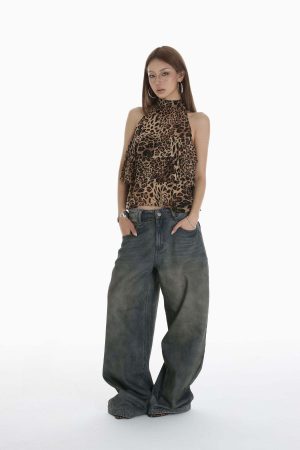 IAMXIAA Leopard Print Ruffle Tank Top Halter Neck Sheer Layered Vest