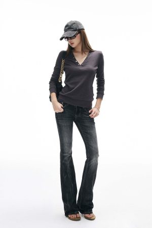 IAMXIAA Low Rise Washed Flare Jeans with Distressed Fade