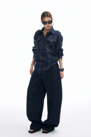 IAMXIAA Plaid Long Sleeve Shirt with Button Down Front and Tie Back Detail