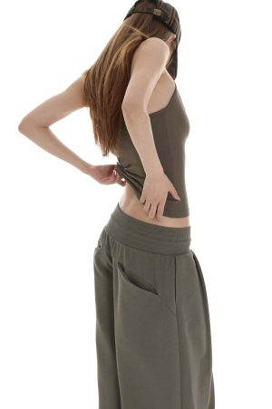 IAMXIAA Ribbed Button Tank and Wide Leg Drawstring Pants Two-Piece Set