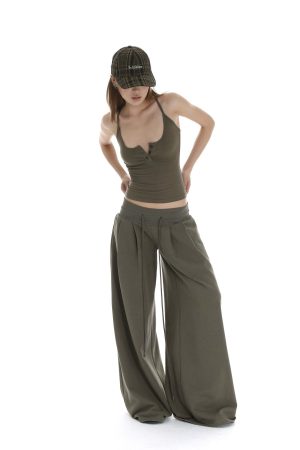 IAMXIAA Ribbed Button Tank and Wide Leg Drawstring Pants Two-Piece Set