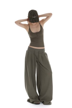 IAMXIAA Ribbed Button Tank and Wide Leg Drawstring Pants Two-Piece Set