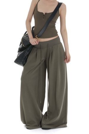 IAMXIAA Ribbed Button Tank and Wide Leg Drawstring Pants Two-Piece Set