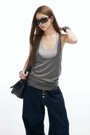 IAMXIAA Ruched Hem Layered Tank Top Double Strap Design Racerback Style