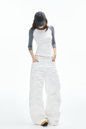 IAMXIAA Ruched Wide Leg Pants High Waist Casual Trousers