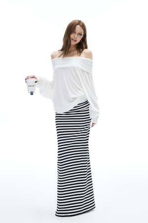 IAMXIAA Striped Bodycon Maxi Skirt Slim Fit Stretch Long Skirt