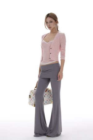 IAMXIAA Striped Cami and Cardigan Set with Lace Trim