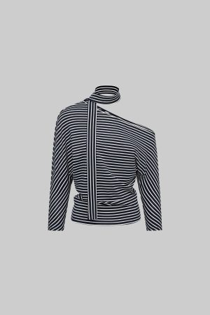 IAMXIAA Striped One Shoulder T-Shirt with Scarf Detail