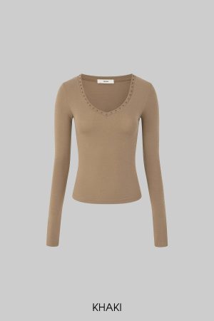 IAMXIAA Studded V-Neck Long Sleeve Tee