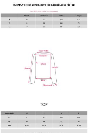 IAMXIAA V Neck Long Sleeve Tee Casual Loose Fit Top