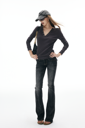 IAMXIAA V-Neck Long Sleeve Top with Button Detail