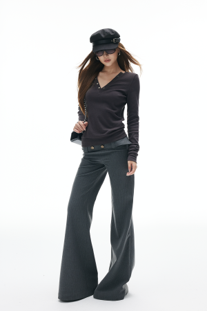 IAMXIAA V-Neck Long Sleeve Top with Button Detail