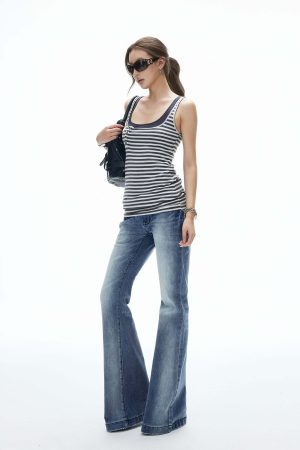 IAMXIAA Vintage Washed Flare Jeans Low Waist Denim with Retro Y2K Street Style