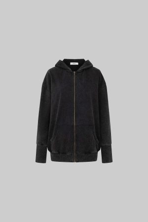 IAMXIAA Washed Zip Up Hoodie Jacket with Oversized Fit
