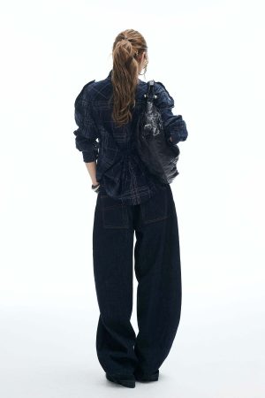 IAMXIAA Wide Leg Denim Jeans High Rise Button Fly Dark Wash Streetwear Style