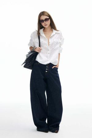 IAMXIAA Wide Leg Denim Jeans High Rise Button Fly Dark Wash Streetwear Style