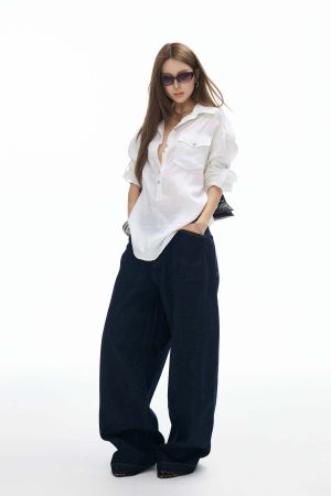 IAMXIAA Wide Leg Denim Jeans High Rise Button Fly Dark Wash Streetwear Style