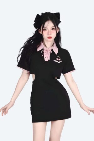 Kawaii Cherry Cut Out Mini Polo Dress