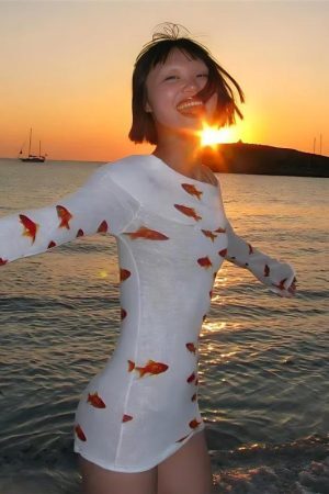 Koi Fish Printed Mesh Mini Dress