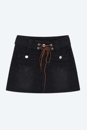 Lace Up Belted Denim Mini Skort
