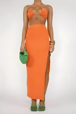 Lace Up Crop Top & Slit Maxi Skirt Two Piece Set