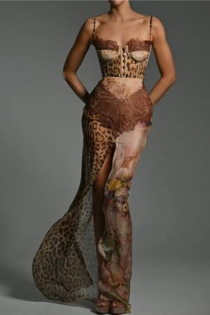 Leopard Patchwork Slit Maxi Dress