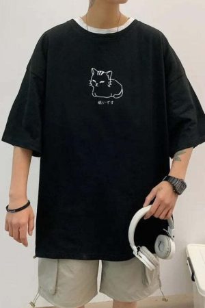 Lying Cat Drop Shoulder Tee