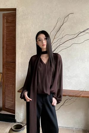 Neck Tie Sheer Mesh Blouse