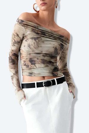 Off Shoulder Ruched Mesh Top